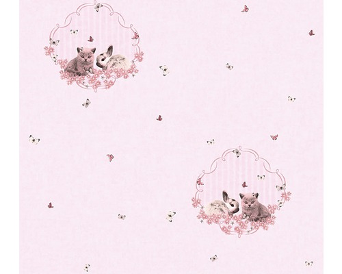 Vliesbehang 35564-1 Kleine Sterren Kat Konijn Roze