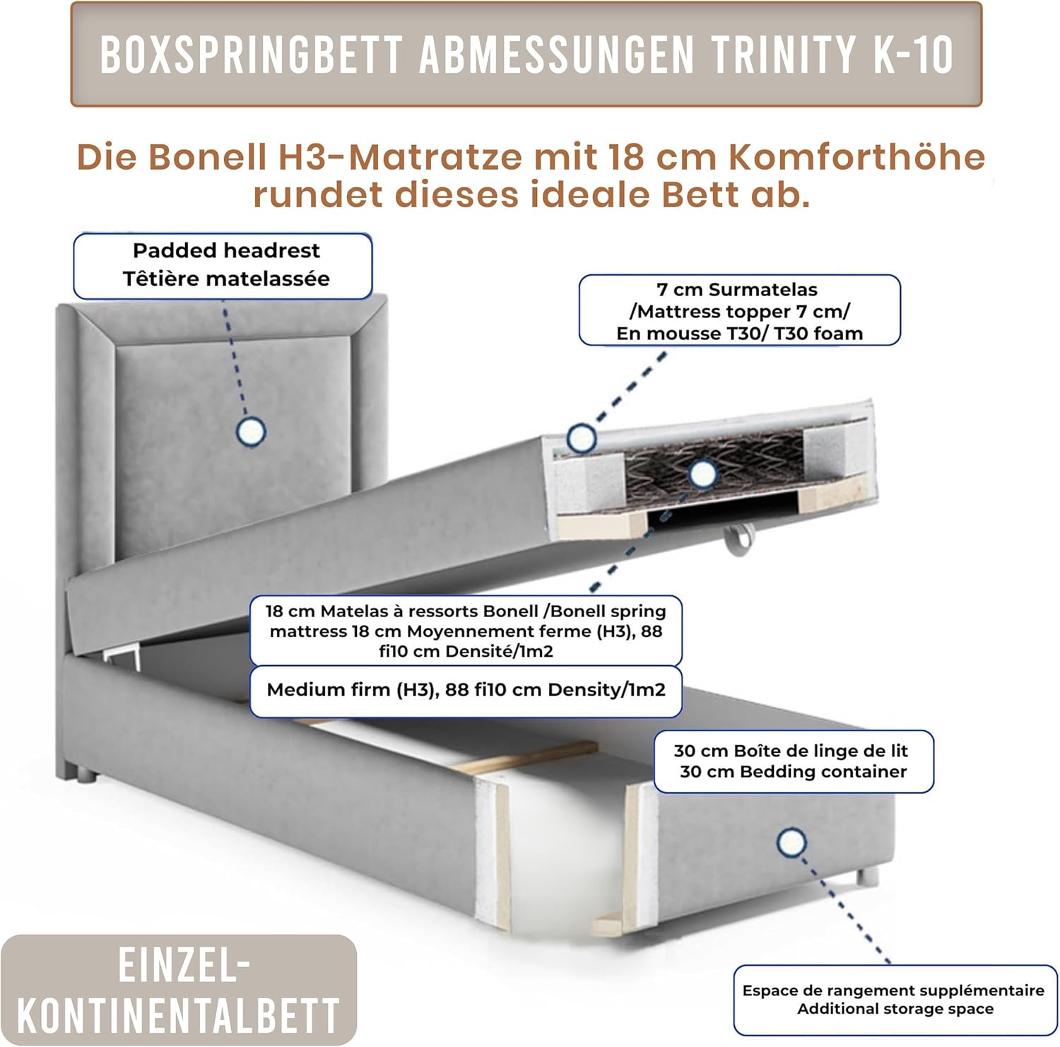 Trinity K10 EinzelBett | Boxspringbett mit Bonell Federkernmatratze 90x200 | MatratzenTopper 90x200 | Bett mit Matratze | Bett mit Stauraum
