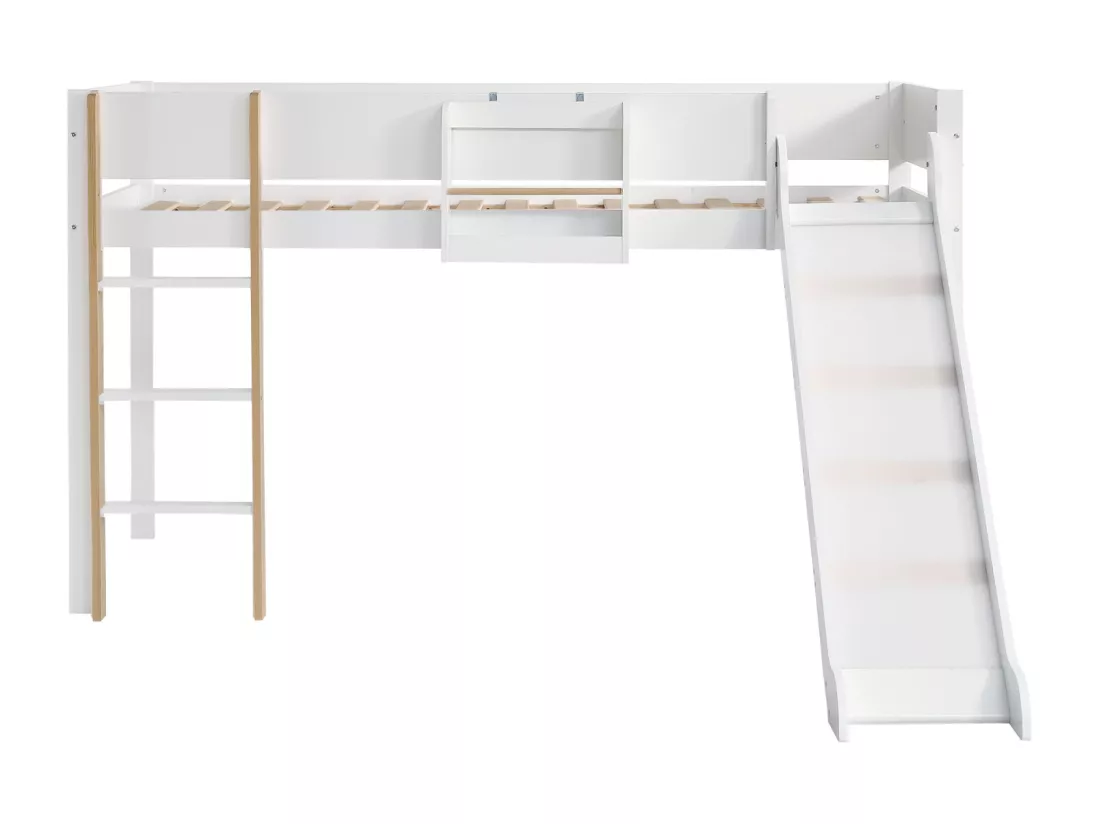 Lit mezzanine 90x200cm, lit enfant avec échelle, toboggan, étagère amovible, pin+MDF, blanc+naturel