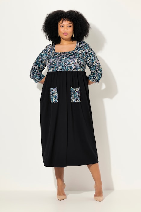Jersey-Maxikleid, Blüten, Carree-Ausschnitt, 3/4-Arm