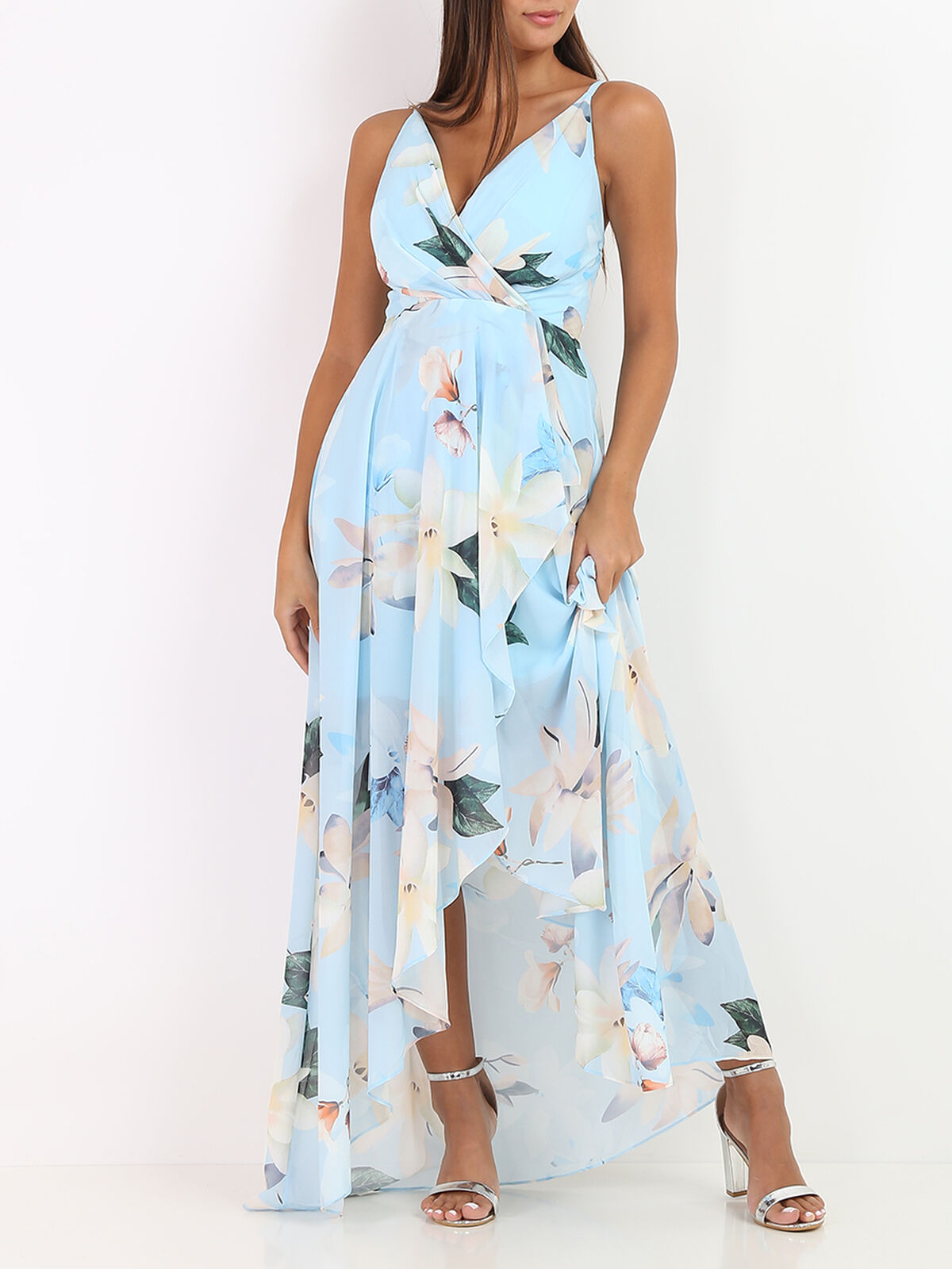Robe longue fendue asymétrique à fleurs- Bleu clair