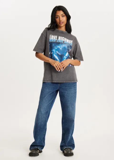 T-shirt met print love highway grijs (GRS.ACD)