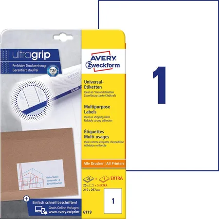 Avery Zweckform 6119 Universal-Etiketten,A4 mit ultragrip,210 x 297 mm, 30 Bogen/30 Etiketten, weiß