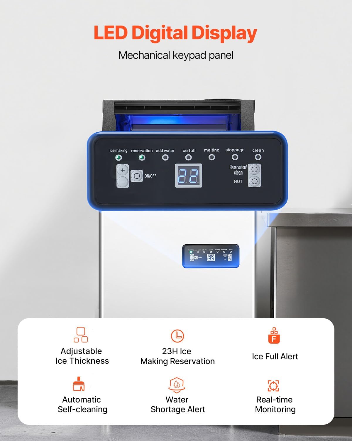 VEVOR kommerzielle Eismaschine (54,43 kg/Tag) Eisbereiter mit 12,7 kg Speicherkapazität, 36 Eiswürfel in 15 Minuten, mit LED-Digitalanzeige & 2 Möglichkeiten zur Wasserzugabe, für Bar Büro Restaurant