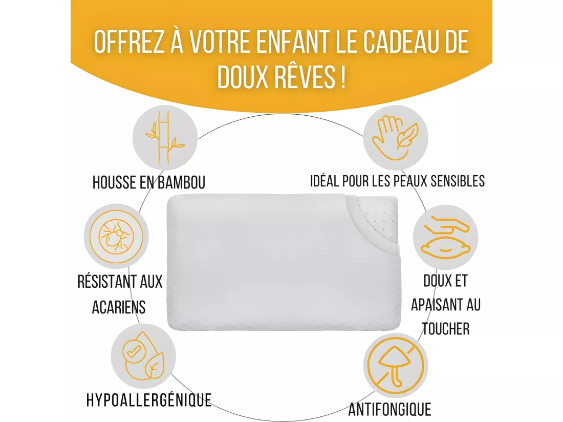Oreiller Enfant Respirant en Tissu de Bambou 50x30x5,5 INPHYSIO