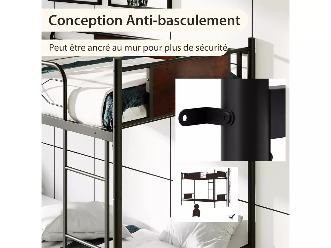 Lit Superposé en Métal 90x190cm, 2 Lits Simples Détachables pour Enfant/Adulte avec Échelle, Garde-Corps, Dispositif Anti-basculement, Style Industriel, pour Chambre à Coucher, Dortoir
