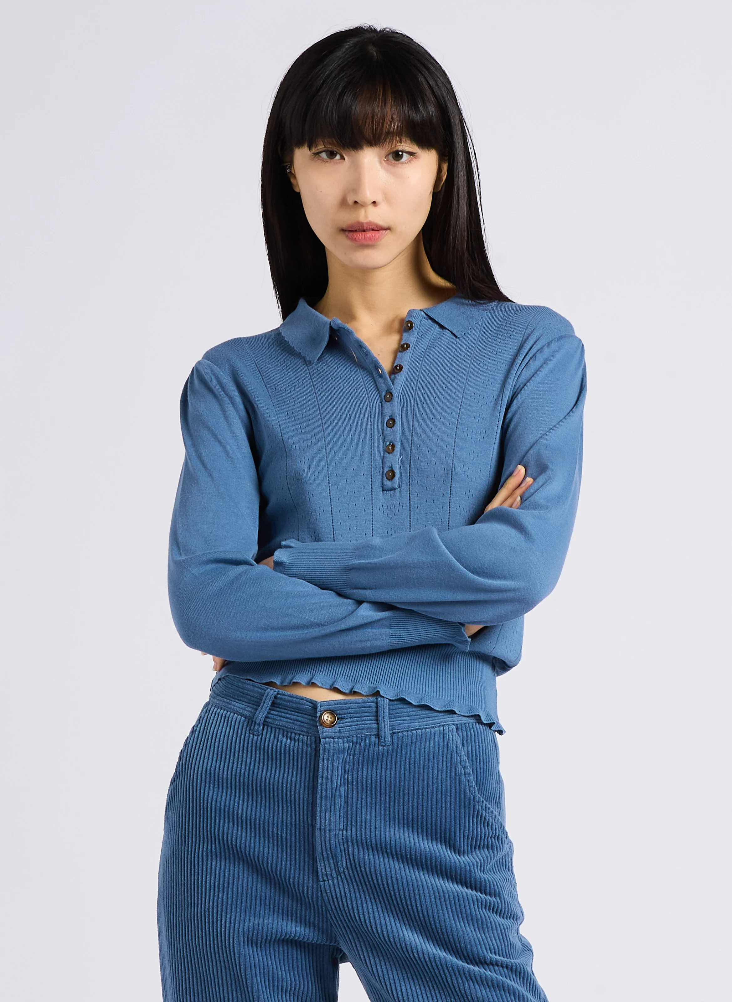 ANNETTE - Tee-shirt pointelle en coton mélangé | Bleu