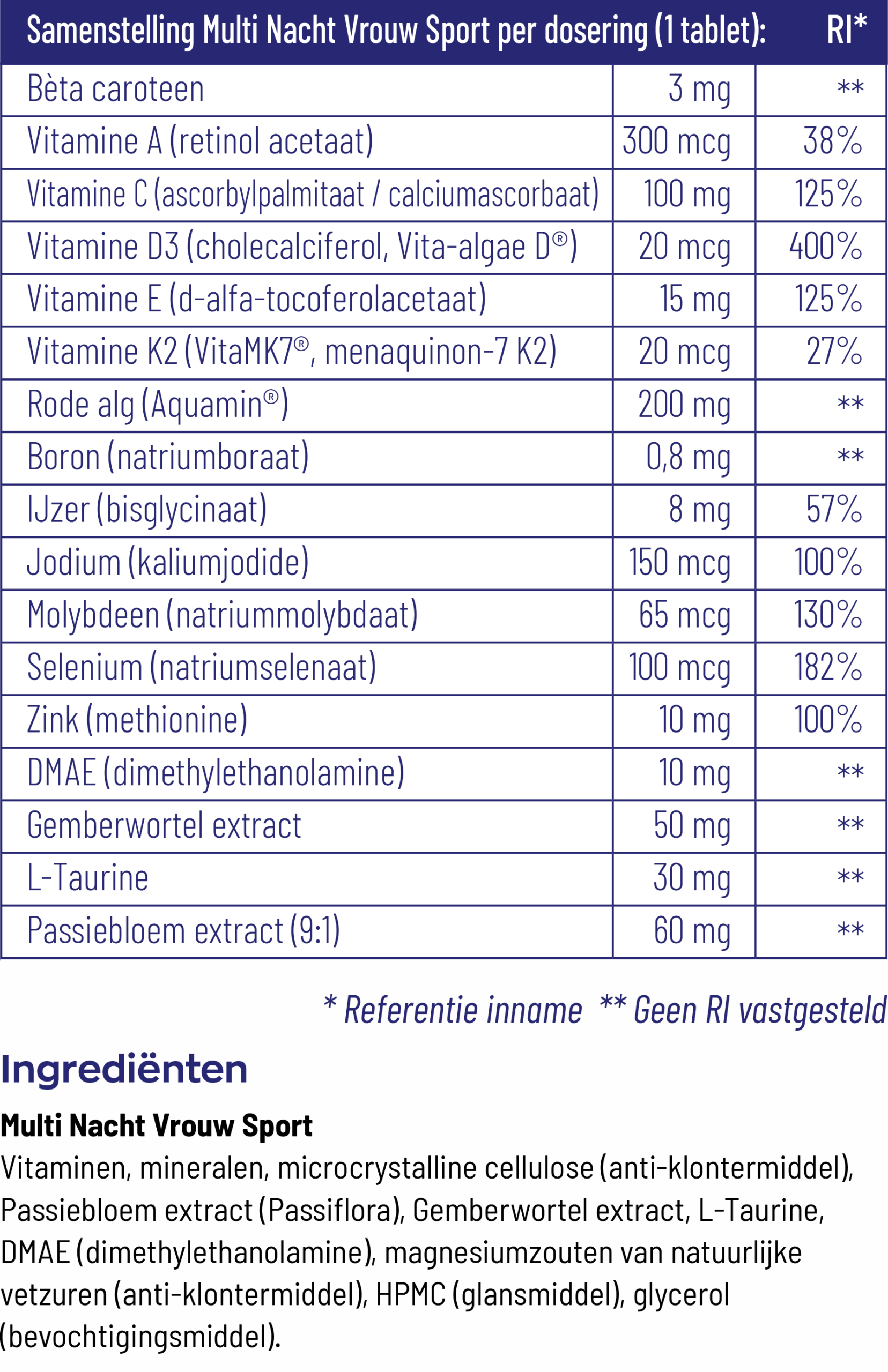 Vitakruid Multi Nacht Vrouw Sport 100% Vegan (30 tabletten)