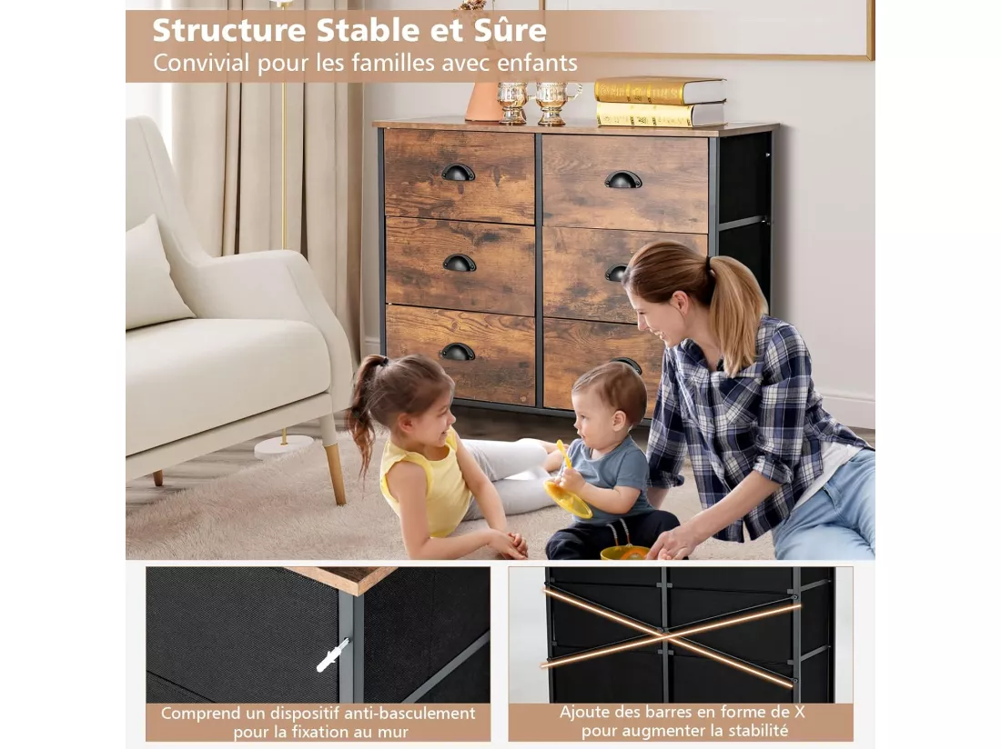Commode Meuble de Rangement-6 Tiroirs en Tissu, 80 cm x 30 cm x 63 cm, Cadre en Métal, Surface en MDF, Brun Rustique & Noir