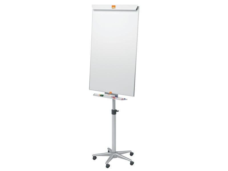 Nobo Impression Pro Flipchart Mobil Stahl, magnethaftend Die mobile Flipchart mit Stahloberfläche hat einen unscheinbaren Rahmen und eine Stiftehalterung.