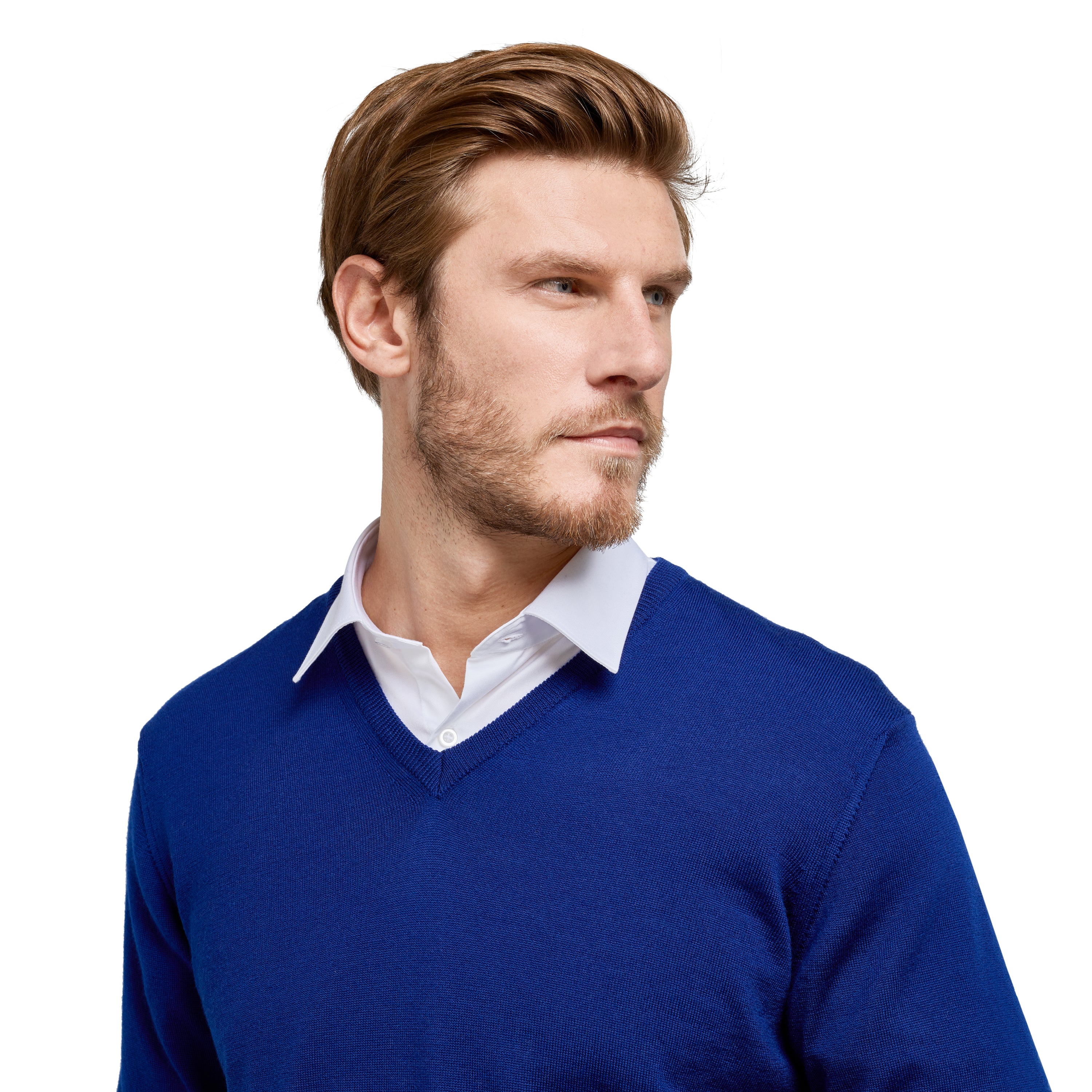 Pull col v 100% pure laine Mérinos bleu roi