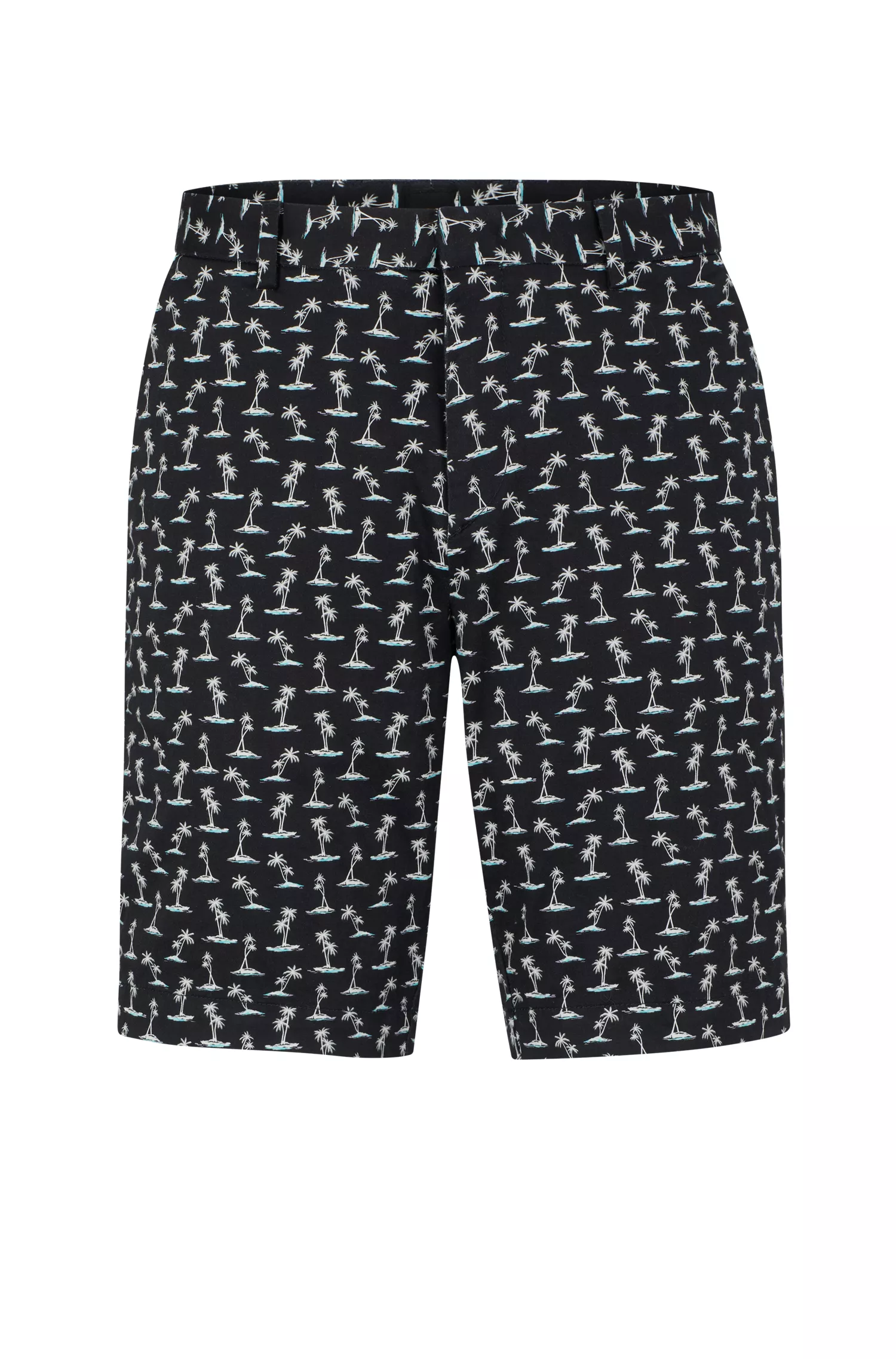 Shorts BOSS pretos de corte justo em cetim de algodão elástico com estampa da estação.