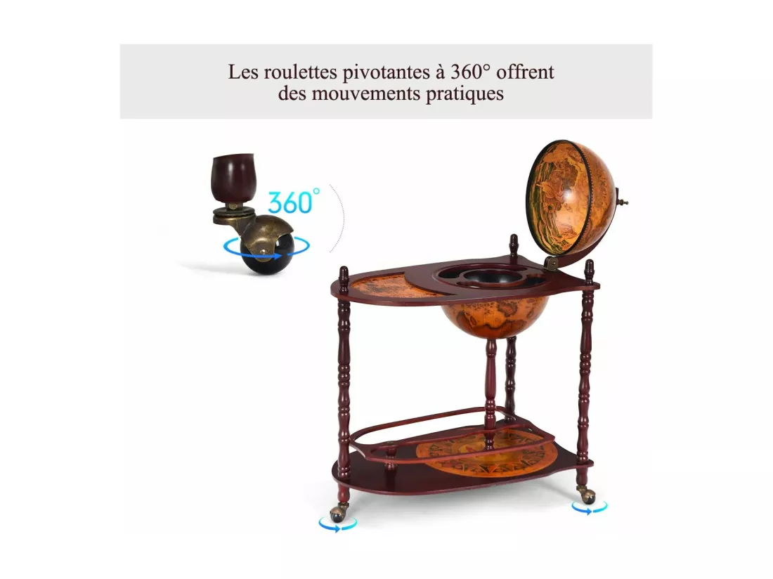 Bar Globe Terrestre Vintage Mappemonde en Bois d'Eucalyptus avec Roulette pour Stocker Bouteilles et Verres Porte-Bouteilles 16e Siècle 70 x 45 x 88 cm