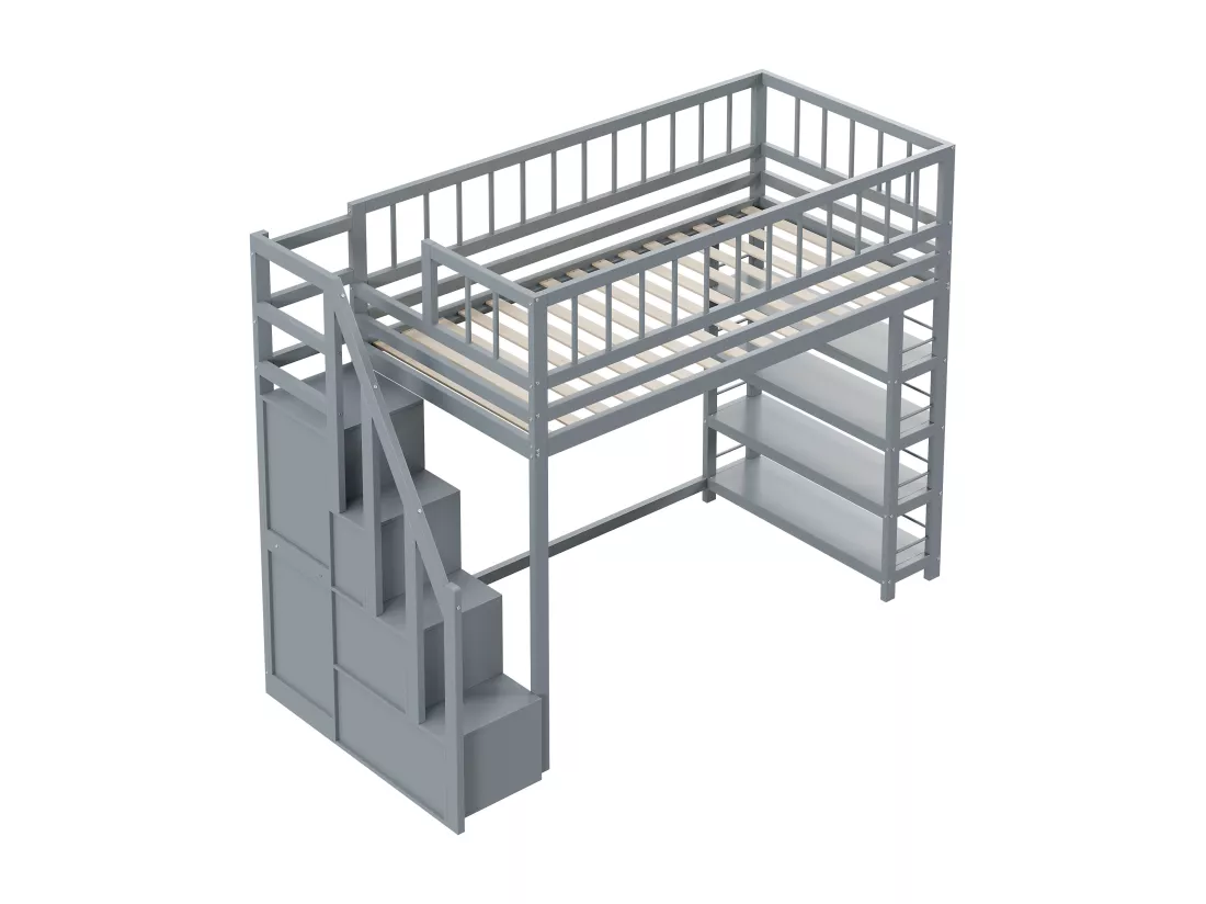 Lit mezzanine 90 x 200 cm - étagères + armoire + espace de rangement - bois massif - gris