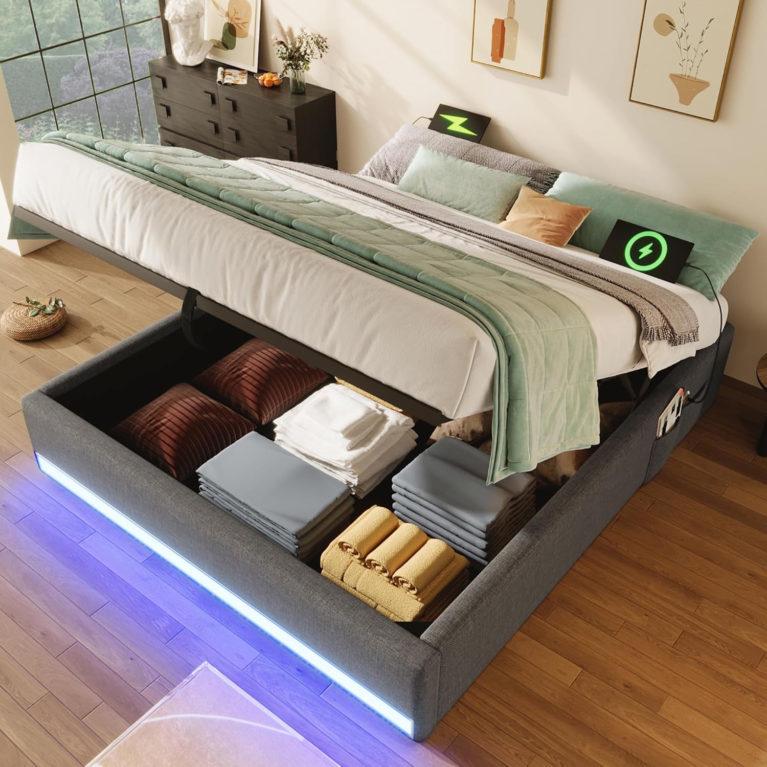 Polsterbett, 140 * 200cm, Fernbedienbare LED-Leiste,Mit USB und Typ-C, Mit kleinen Aufbewahrungstaschen, Kein Kopfteil-Design, Hydraulische Speicherfunktion, Keine Matratze (Grau)