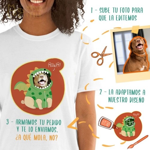 Camiseta feminina Mascochula, personalizada com dinossauro e seu animal de estimação, branca.