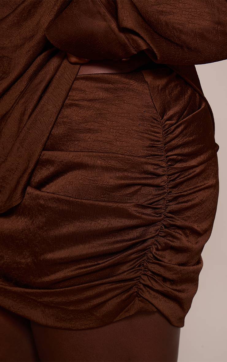 Marron Ensemble Coordonné Jupe Courte Satinée Texturée Froncée Grande Taille