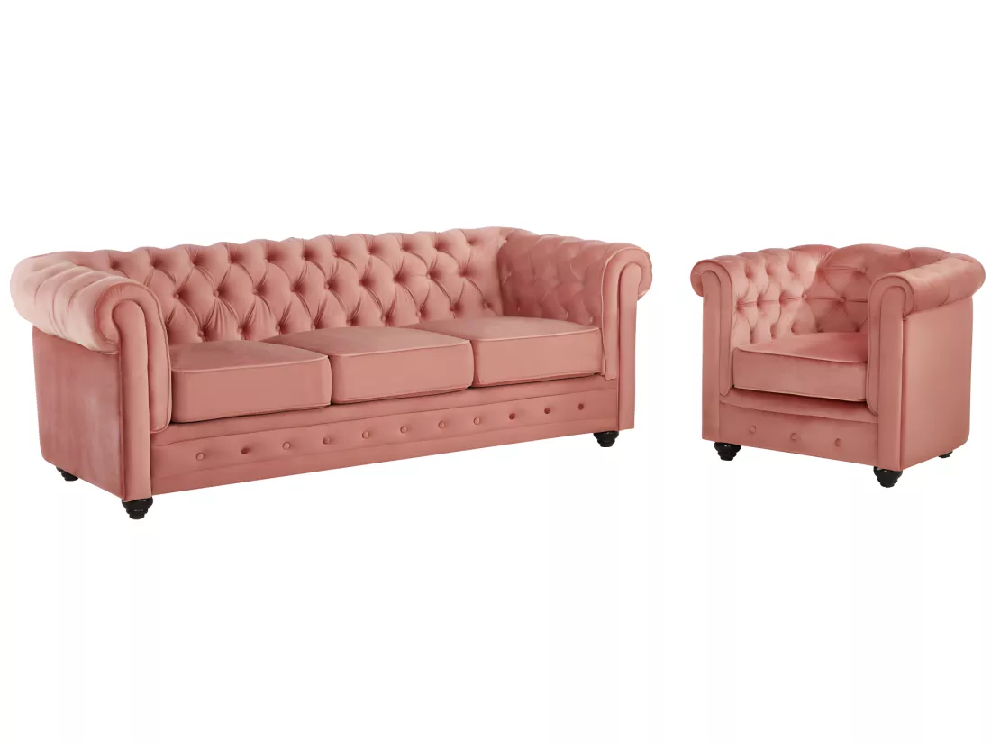 Canapé 3 places et fauteuil CHESTERFIELD - Velours rose pastel