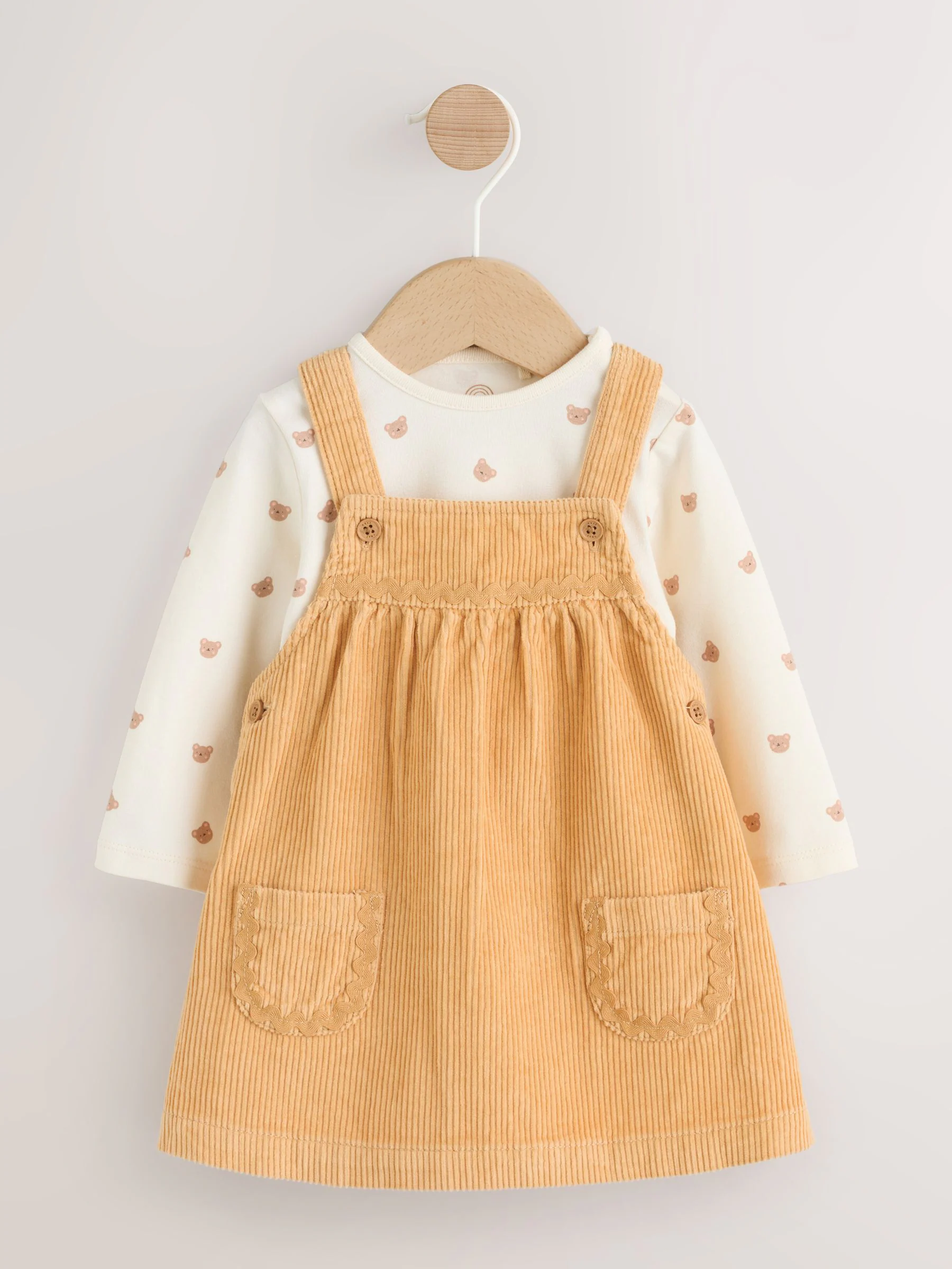 Neutraal met beren - Pinafore-jurk met babykoord en rompertje met lange mouwen, 2 -delige set (0mnd-2jr)