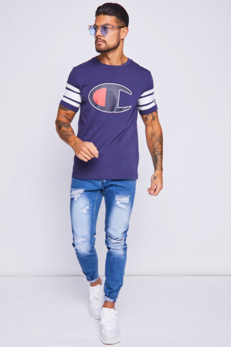 T-shirt Champion bleu à bandes blanches