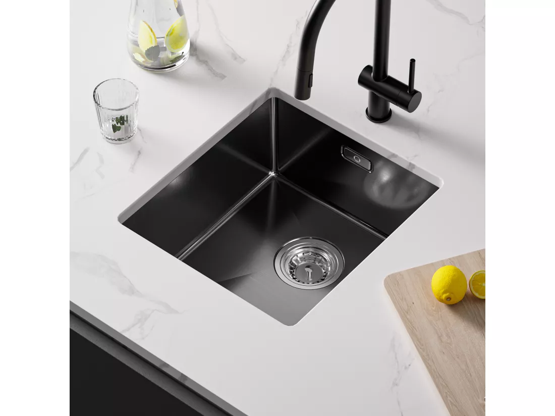 CECIPA MAX Évier Inox 40*44*19 cm Évier 1 Bac Évier de Cuisine Noir + Mitigeur de Cuisine Rabattable Noir