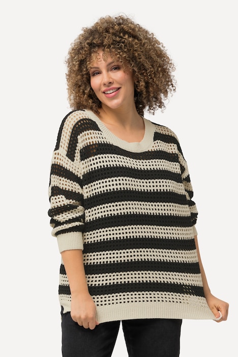 Häkelpullover, Streifen, Oversized, Rundhals, Langarm