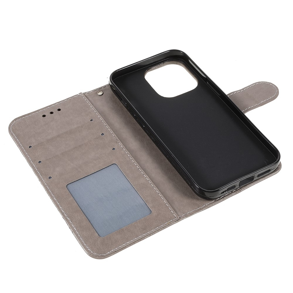 iPhone 13 Pro Leder Tasche Wallet - Mandala Flowers Imprint - Grau