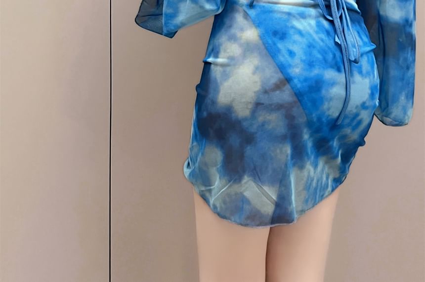 Sancus - Set: halternek effen bikinitop + broekje + tie-dye top + rok met trekkoord