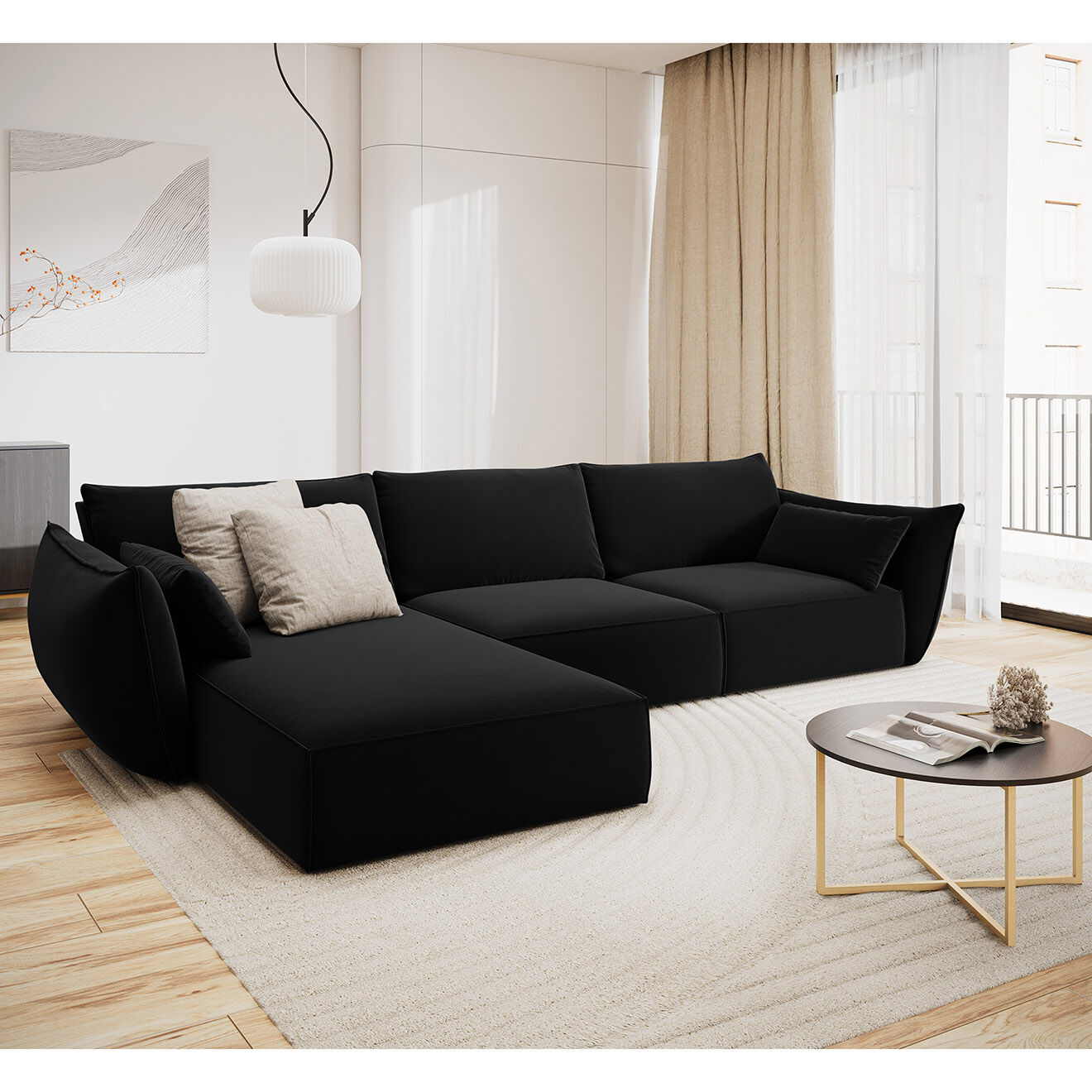 Mazzini Sofas Canapé d'angle gauche Velours Vanda 4 Places noir - 300x166x85 cm