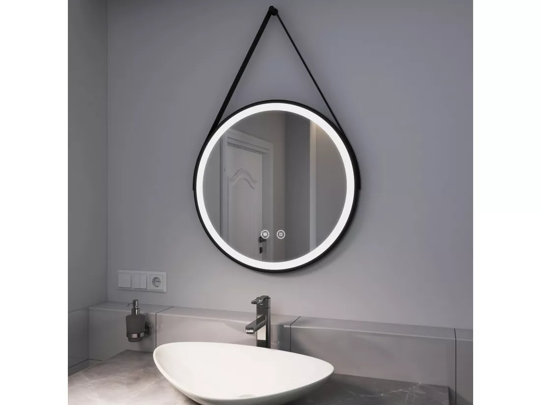 EMKE Miroir lumineux salle de bain rond diamètre 60cm cadre noir, sangle réglable, Miroir LED avec Interrupteur Tactile, Anti-buée, Lumière Froide