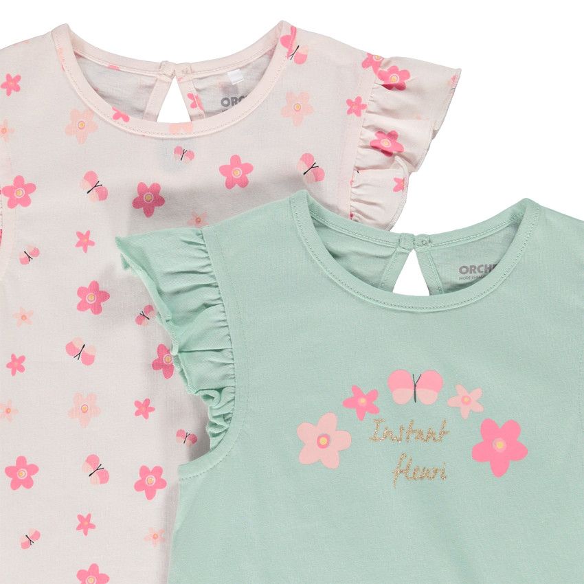 Lot de 2 t-shirts manches courtes volantées en jersey pour bébé fille - Rose
