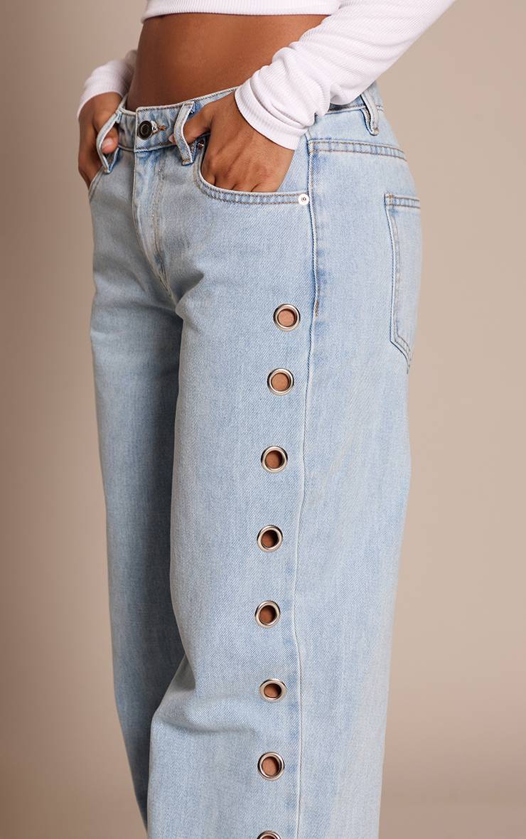 Light Blue Wash Jean Large Petite Bleu Clair Avec Détails Œillets