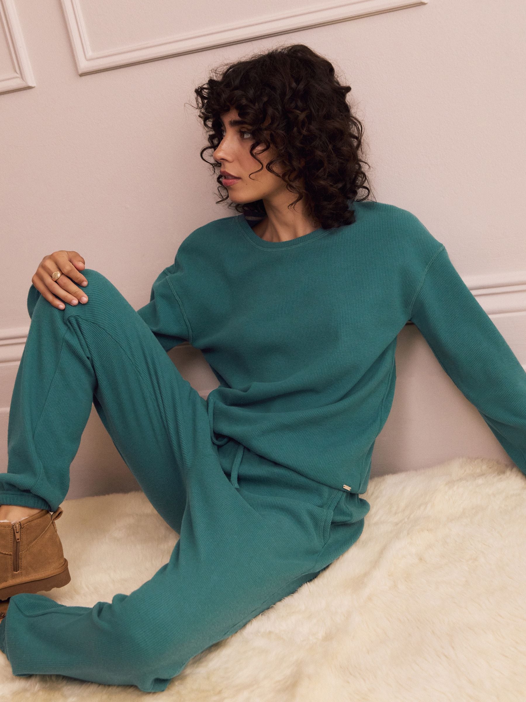 Blauwgroen - Gezellige pyjama met wafeldessin en lange mouwen