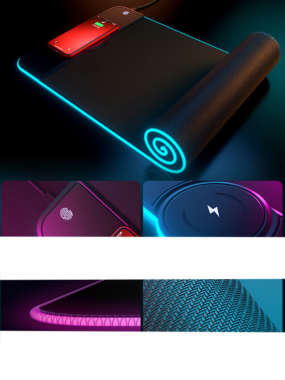 (80x30cm) Gaming Mauspad Mausmatte mit Rutschfester Unterseite   RGB-Beleuchtung und Qi Wireless Ladegerät - Bunt