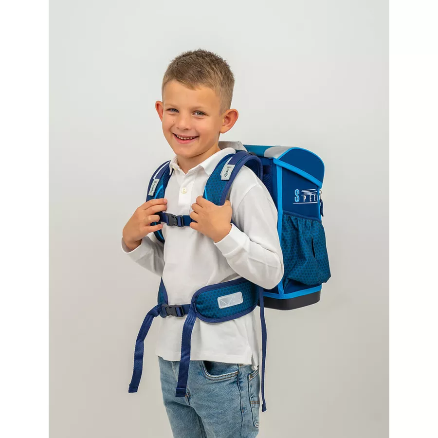 Belmil Schulranzen Customize-me Schulranzen Set 4-teilig mit Brustgurt, Hüftgurt Racing Blue Neon