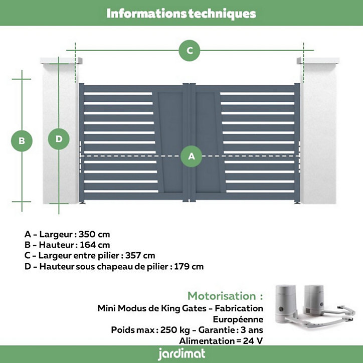 Portail Jardimat battant motorisé aluminium Audelange gris anthracite - 300 x h.164 cm