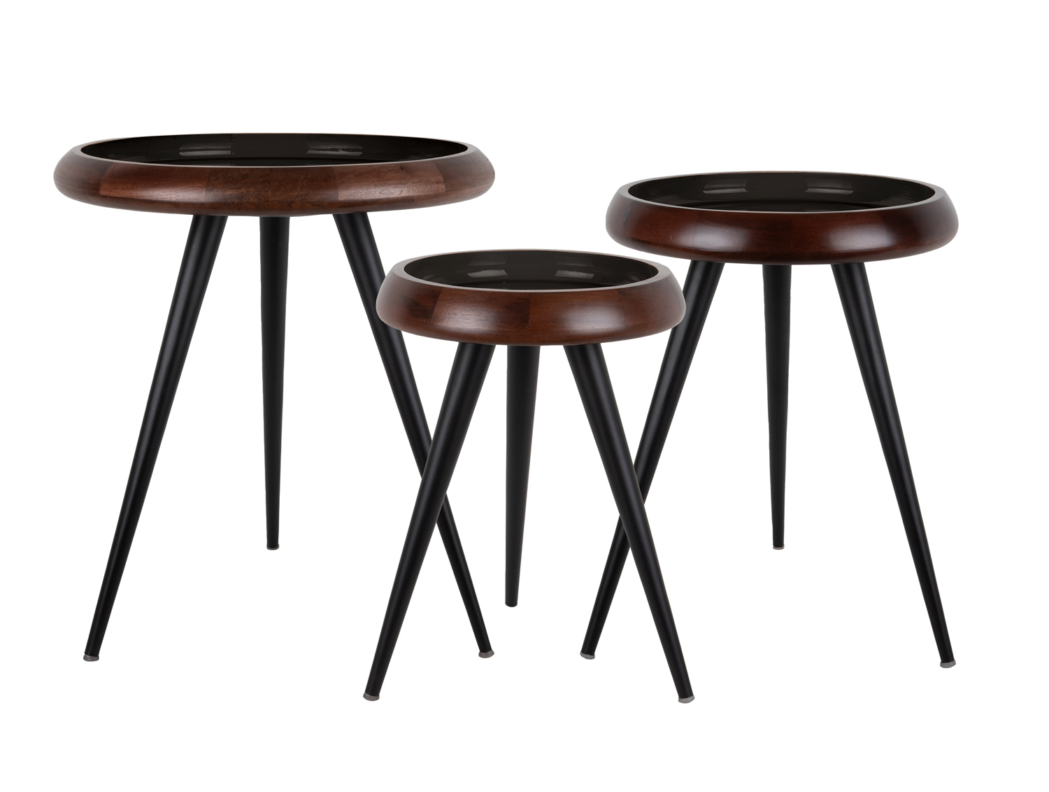 Table set Tripod warm walnut lacquer, black enamel