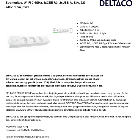 Deltaco Smart stikdåse med 3 stik og 2 USB-porte - hvid