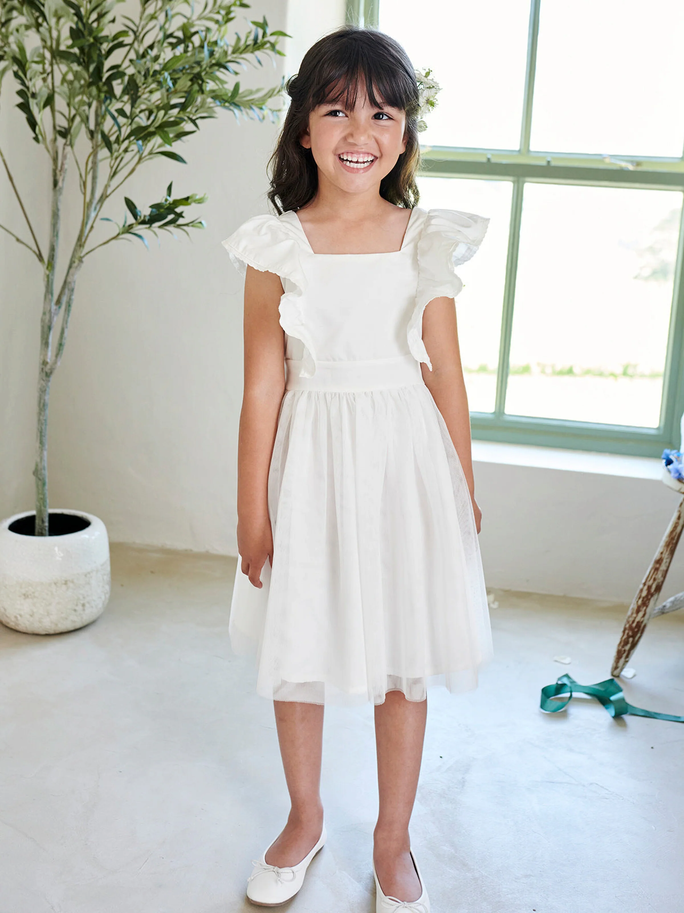 Vertbaudet Festliches Mädchen Volantkleid, Musselin & Tüll wollweiß