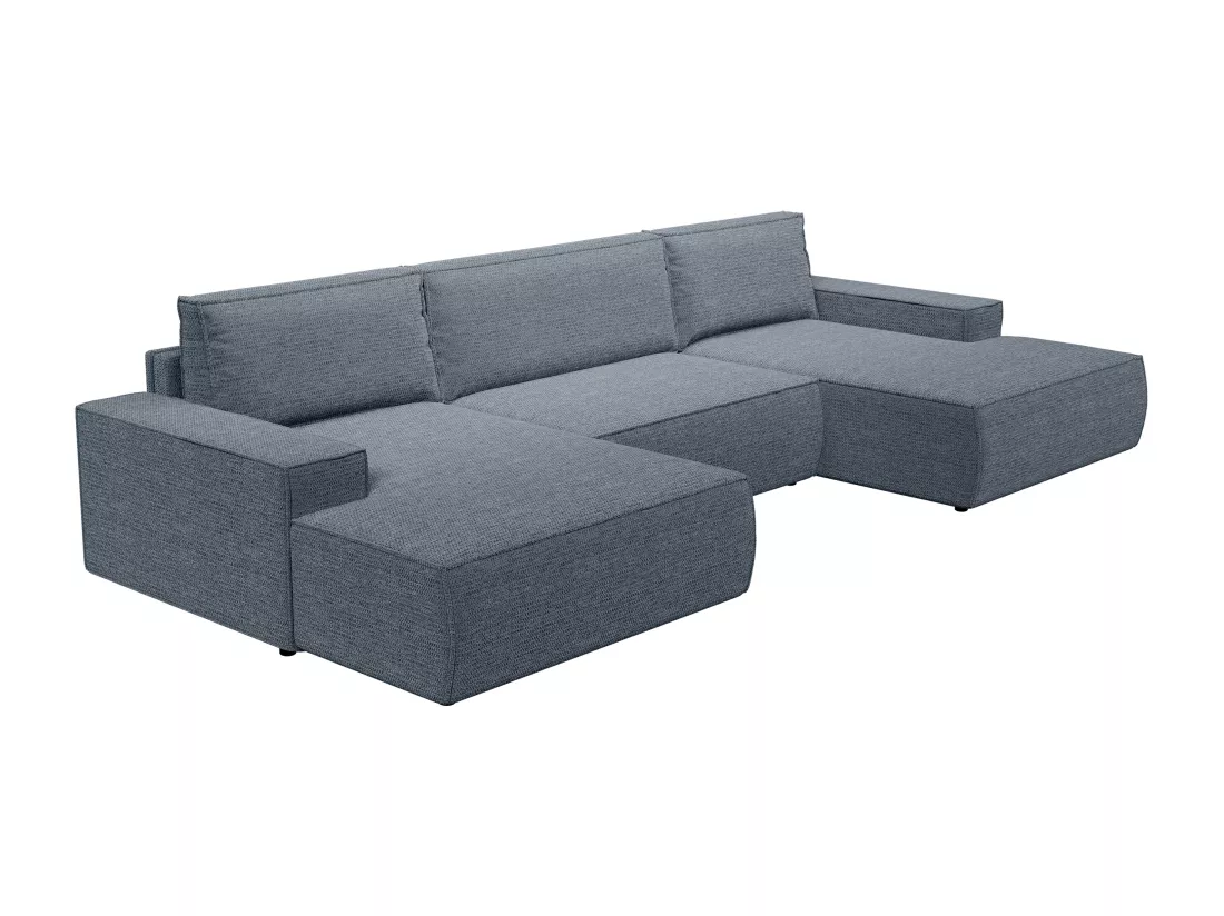 Grand canapé d'angle panoramique convertible en tissu texturé bleu AMELIA