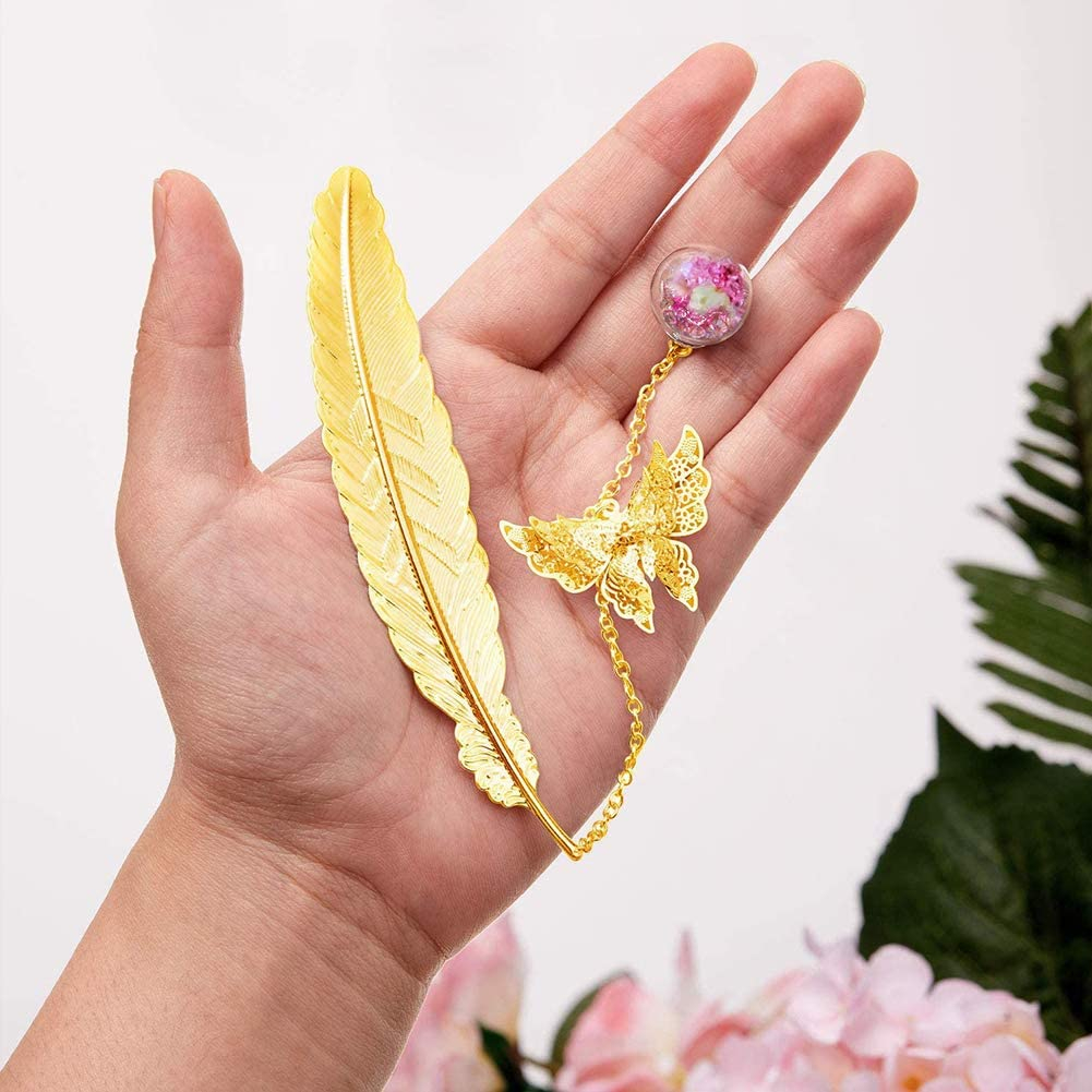 Metall Buch Lesezeichen Feder Seiten Markierungen mit Glasperle   3D Schmetterling - Gold / Lila