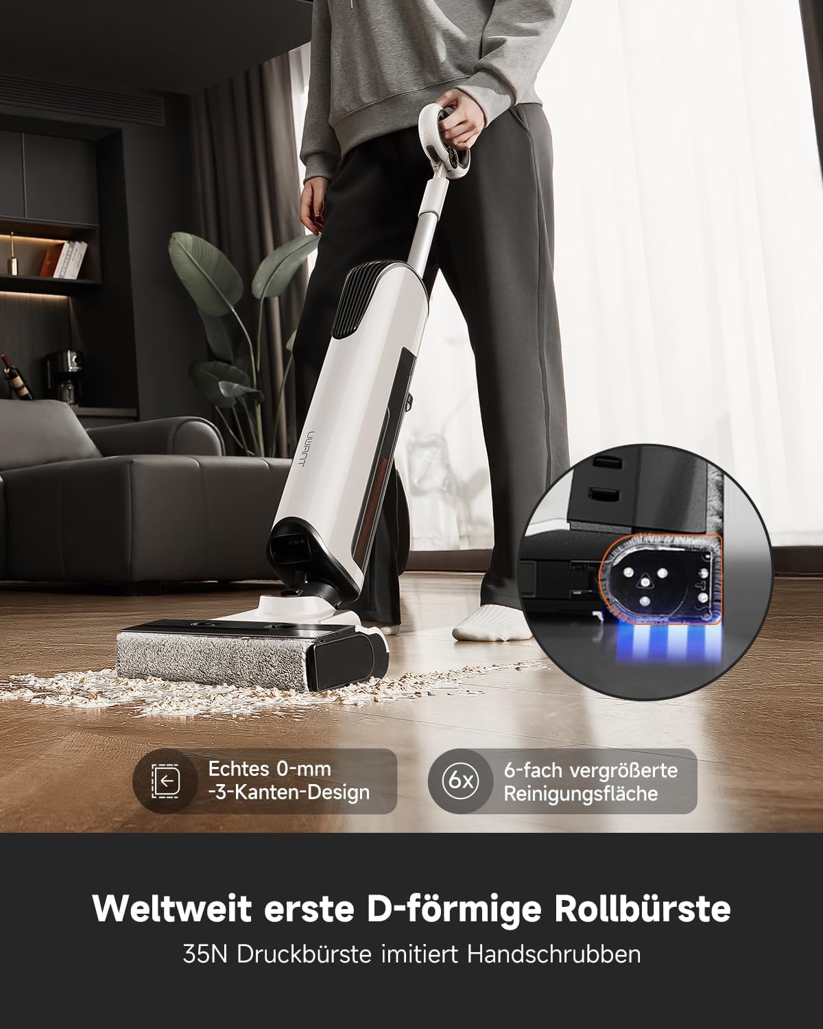 uwant D700 Nass trockensauger, Intelligente Fleckenerkennung, 180° Liege-Design, Randreinigung 2mm, Push-in Basisstation, Elektrolytwasser, 20000Pa Saugkraft