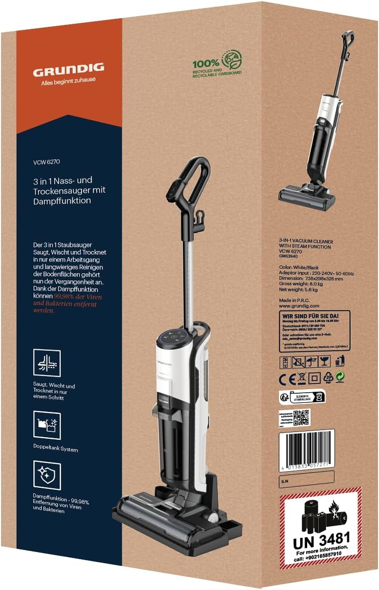 Grundig AquaFlex AF 5000 VCW 6270 3-in-1 Nass- und Trockensauger: saugt & wischt & trocknet in nur einem Schritt, mit Dampf-Funktion, entfernt Bakterien, 400 Watt Motor, 8 Meter Kabel, Schwarz/Weiß