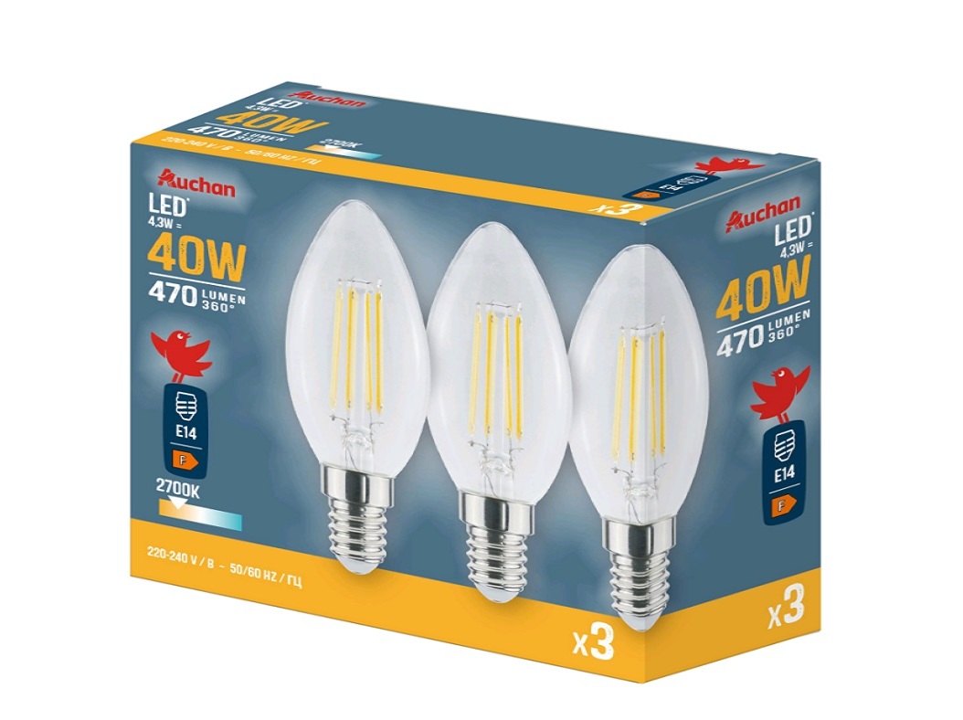 LÂMPADA LED VELA AUCHAN E14 40W EQUI LUZ AMARELA 3 UNIDADES