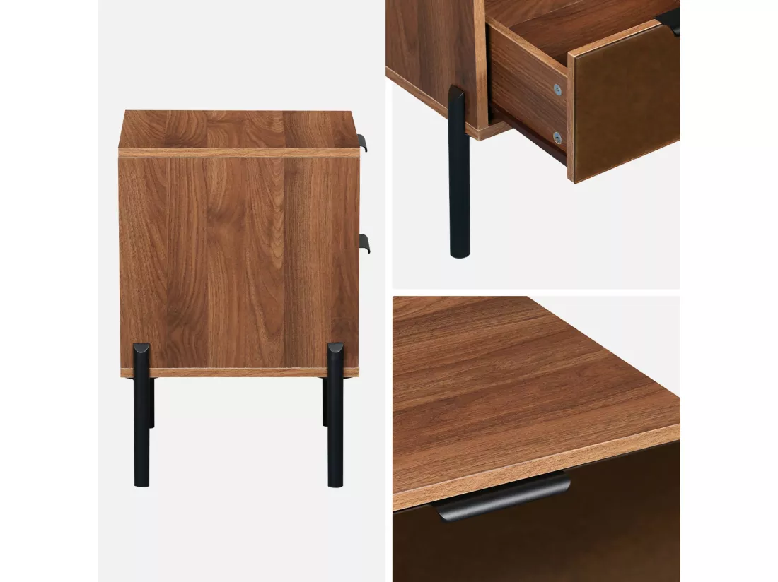 Lot de 2 tables de chevet vintage 2 tiroirs effet bois et vitres fumées. L 43 x P 38 x H 54.8cm