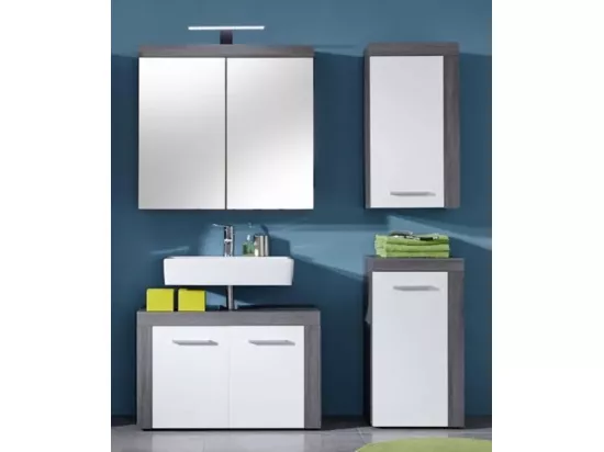 Rangement salle de bain 1 porte mélaminé blanc et gris Anide