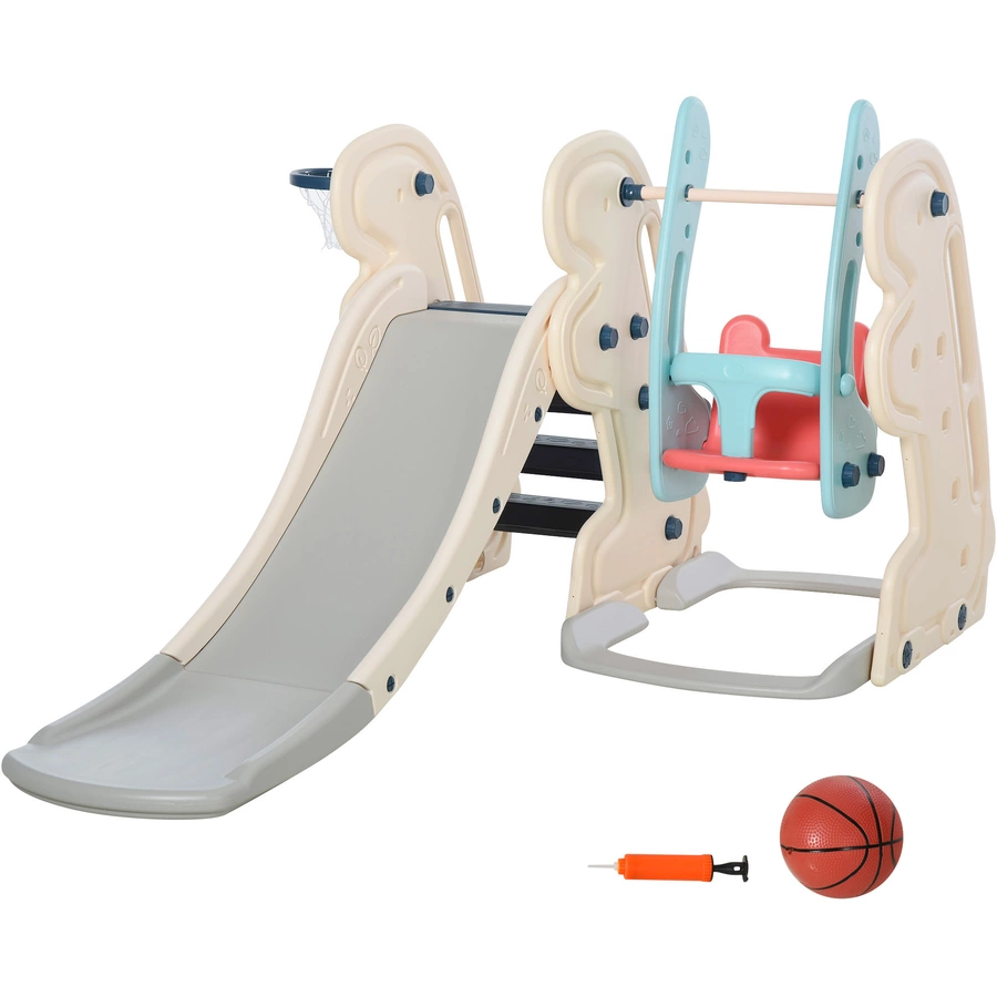 HOMCOM 3-in-1-Kinderrutsche mit Schaukel und Basketballkorb weiß, blau, grau