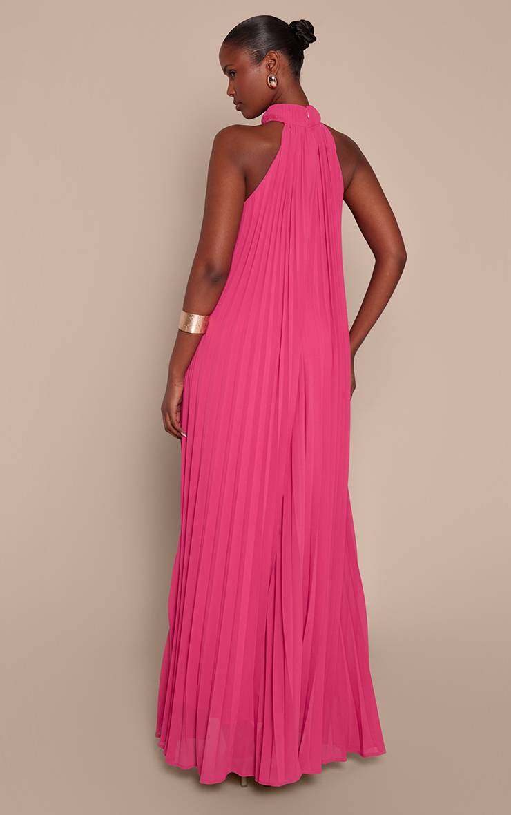Rose Vif Robe Longue Plissée À Col Montant