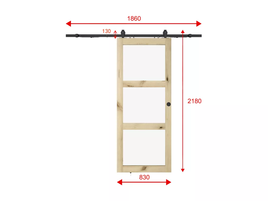 Porte coulissante avec système en applique en bois et verre trempé - 3 fenêtres - H205 x L83 cm - ACOSTA II