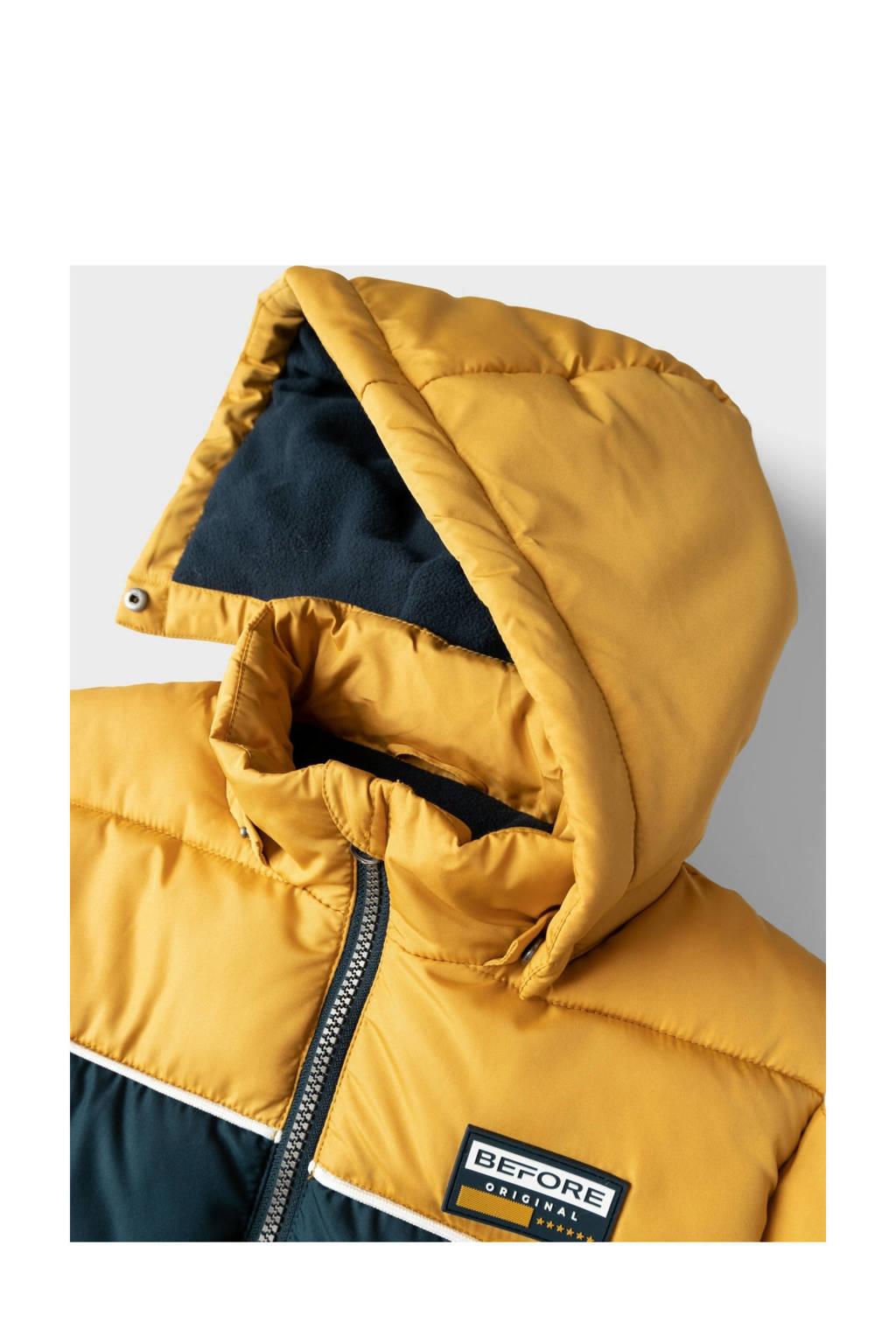 NAME IT gewatteerde winterjas NKMMAY geel/donkerblauw/wit